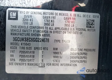 2016 Chevrolet Silverado 1500 2Lz из США, поврежденный, VIN 3GCUKSEC6GG224678